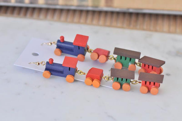 Miniature 3D Wooden Toy Train Teachers Drop Dangle Earrings
