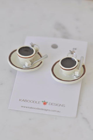 Novelty Fun Coffee Cup Spoon Sugar Resin Stud Earrings