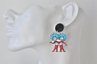 Thing 1 and Thing 2 novelty earring shown worn on ear for scale