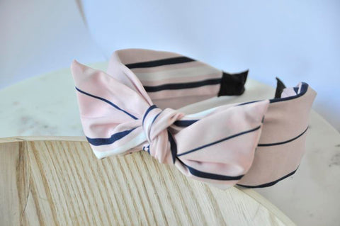 Fabric Bow Headband - Pastel Pink Striped Print