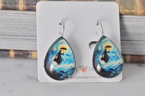 Handmade Teardrop Clip Dangle Drop Earrings - Mary Poppins Van Gogh