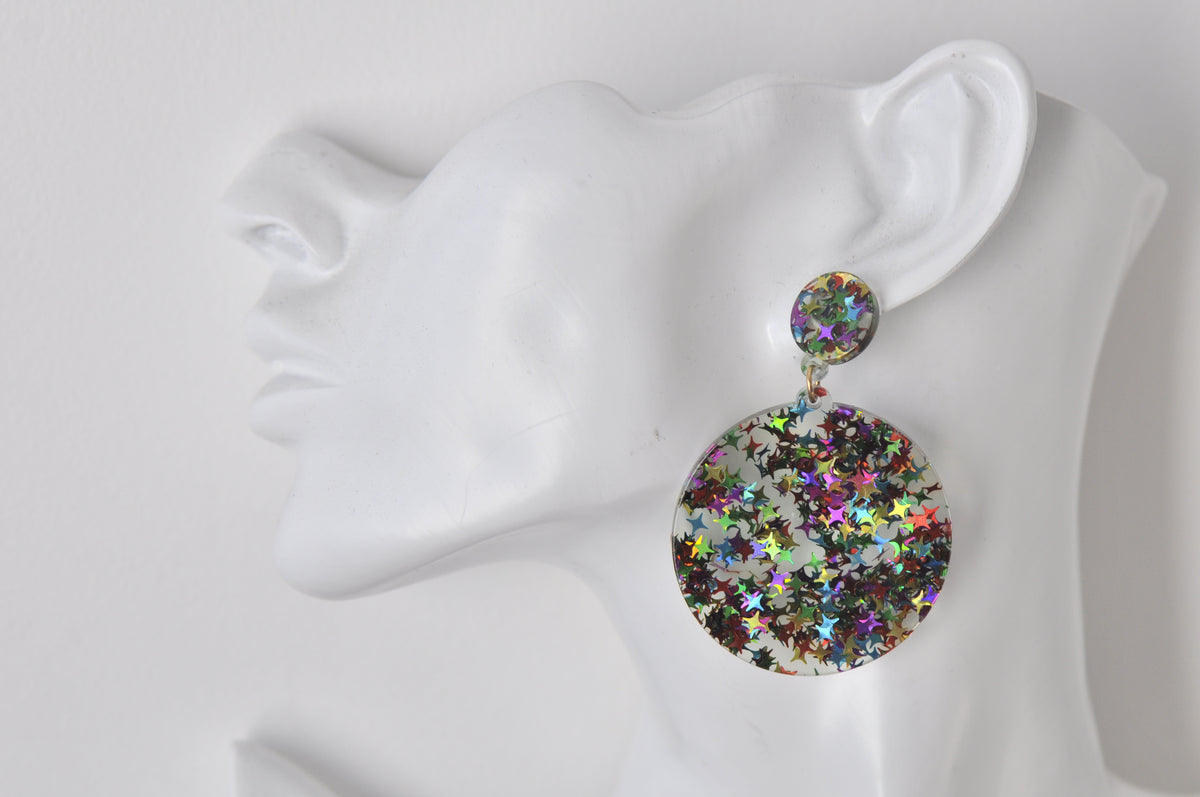 Acrylic Glitter Star Circle Rainbow Drop Dangle Earrings