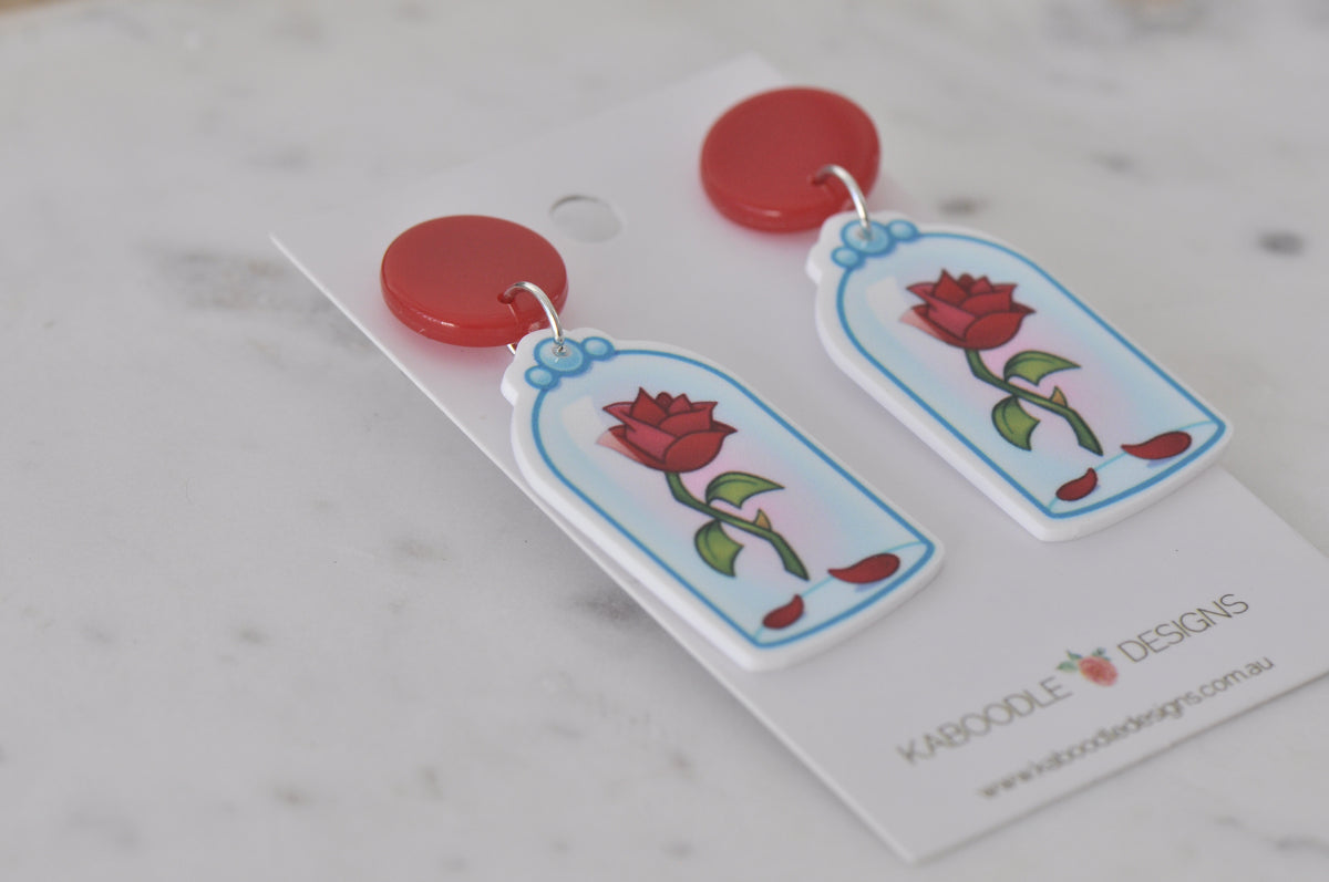 Novelty Beauty and The Beast The Everlasting Red Rose Glass Dome Dangle Drop Earrings