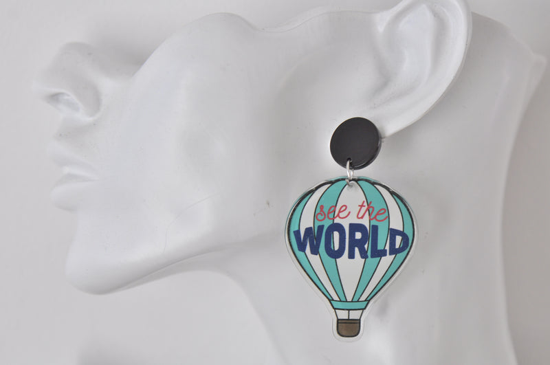 Acrylic Hot Air Balloon See The World Drop Earrings