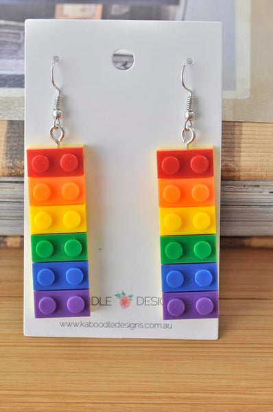 Colourful Rainbow Love is Love Brick Novelty Fun Drop Dangle Earrings