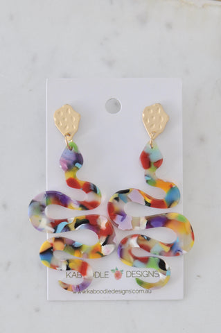 Acrylic Perspex Geometric Swirl Rainbow Acetate Snake Dangle Drop Earrings