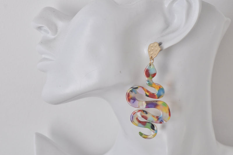 Acrylic Perspex Geometric Swirl Rainbow Acetate Snake Dangle Drop Earrings