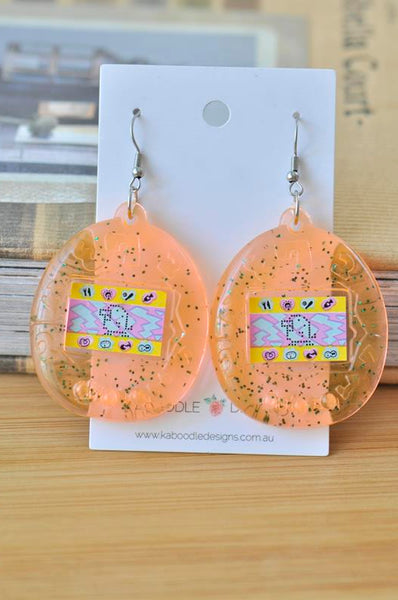 Acrylic Perspex Nostalgic Retro Tamagotchi Drop Earrings - Orange