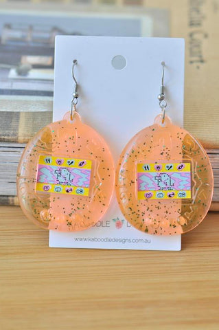 Acrylic Perspex Nostalgic Retro Tamagotchi Drop Earrings - Orange