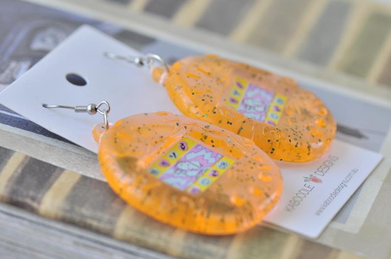 Acrylic Perspex Nostalgic Retro Tamagotchi Drop Earrings - Orange