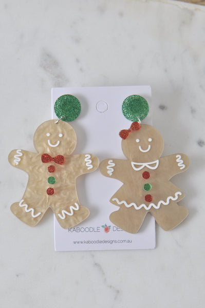Acrylic Christmas Gingerbread Man and Woman Cookie Drop Dangle Earrings