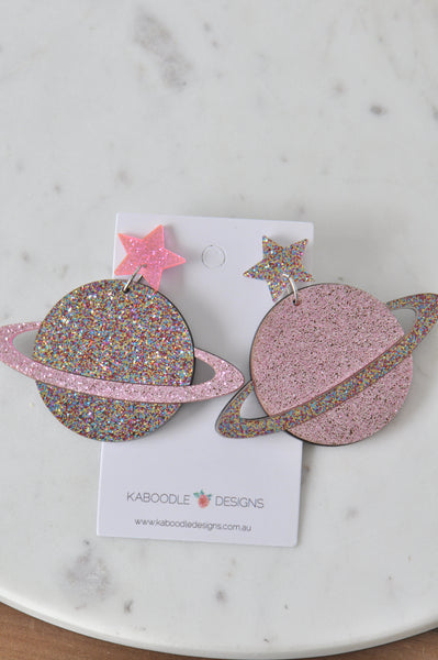 Acrylic Perspex Saturn Universe Galaxy Drop Earrings - Glitter Pink and Multi