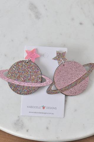 Acrylic Perspex Saturn Universe Galaxy Drop Earrings - Glitter Pink and Multi