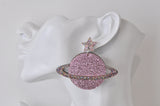 Acrylic Perspex Saturn Universe Galaxy Drop Earrings - Glitter Pink and Multi