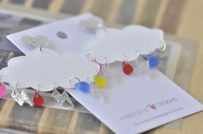 Acrylic Perspex Rainbow Rain and Lightning Cloud Dangle Earrings