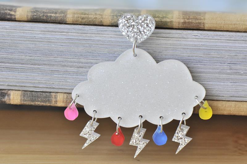 Acrylic Perspex Rainbow Rain and Lightning Cloud Dangle Earrings