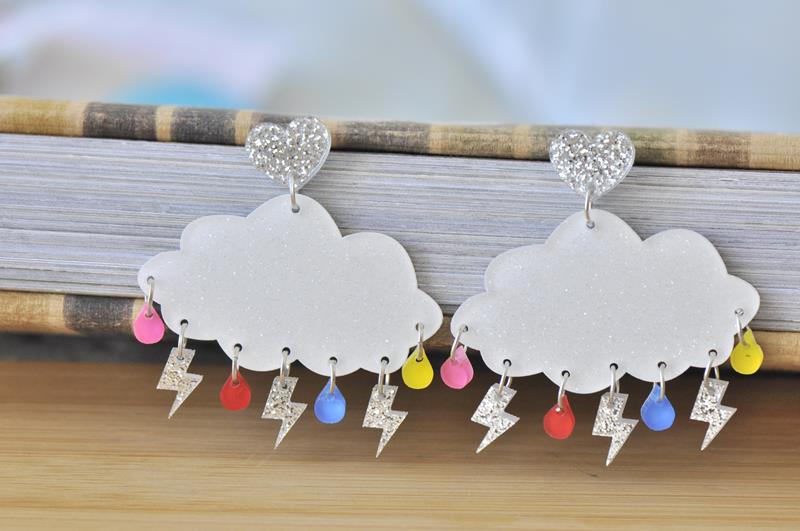 Acrylic Perspex Rainbow Rain and Lightning Cloud Dangle Earrings