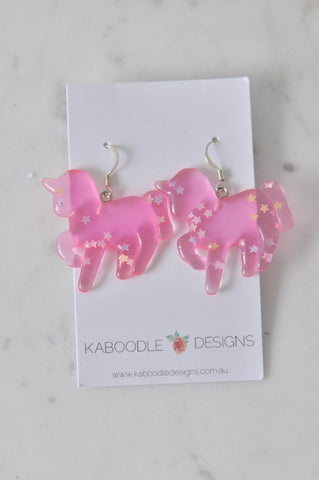 Resin Rainbow Glitter Unicorn Dangle Drop Earrings - Pink
