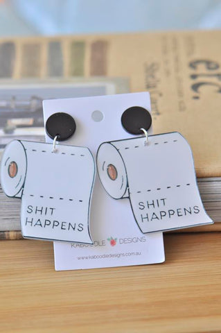 Acrylic Perspex Toilet Paper Shit Happens Novelty Fun Drop Dangle Earrings