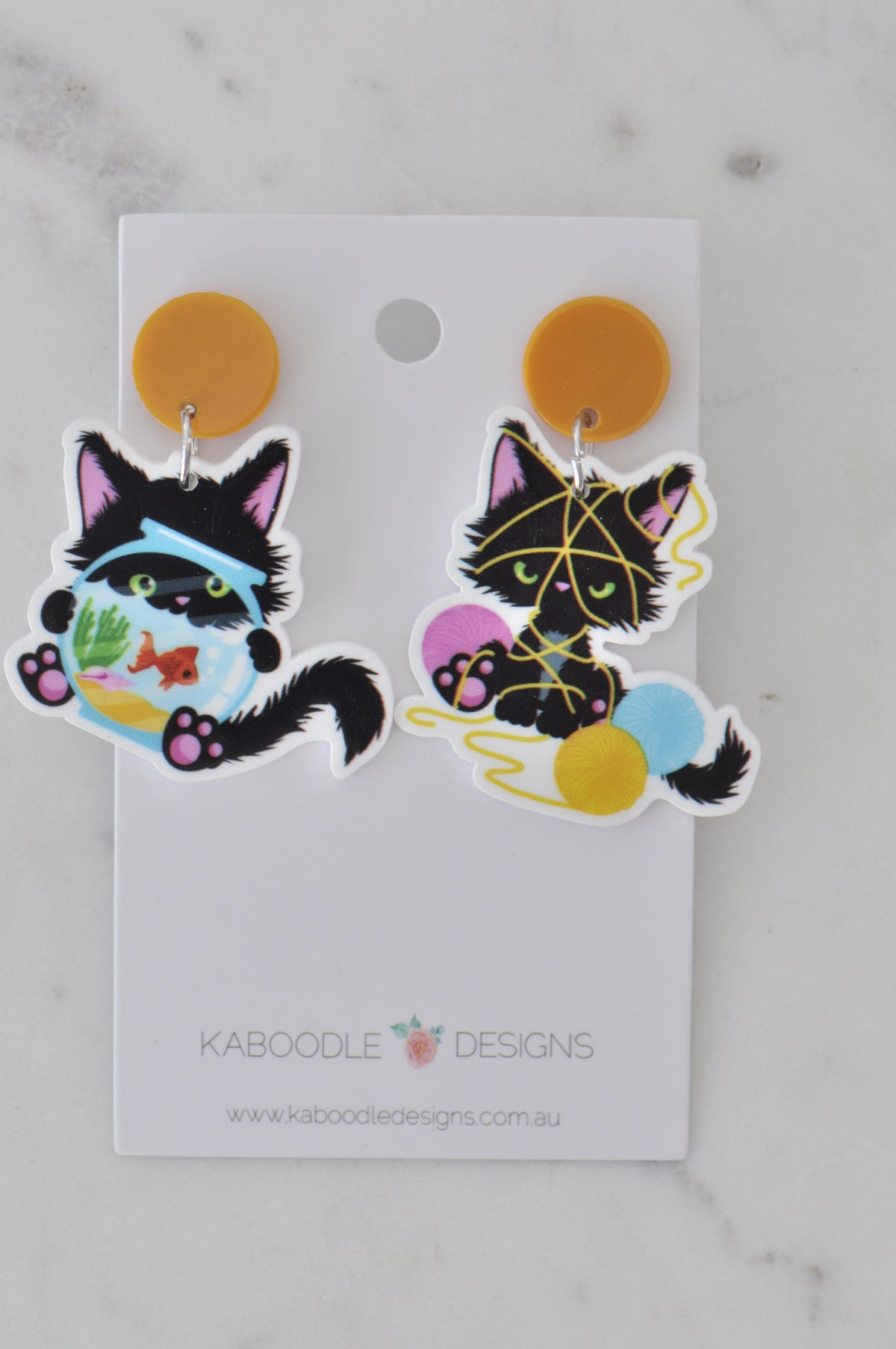 Acrylic Kitten Cat Goldfish Bowl Wool Yarn Drop Dangle Earrings