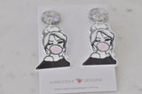 Acrylic Girl With Bubble Gum Chewing Gum Drop Dangle Earrings