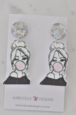 Acrylic Girl With Bubble Gum Chewing Gum Drop Dangle Earrings