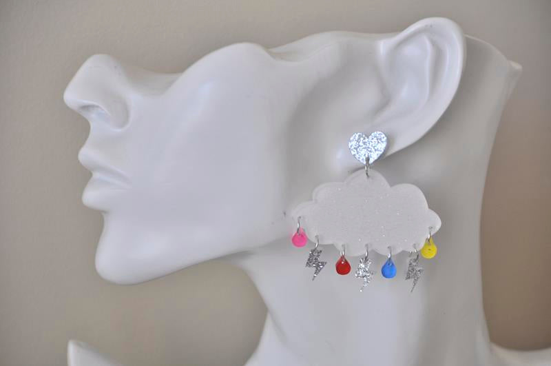 Acrylic Perspex Rainbow Rain and Lightning Cloud Dangle Earrings