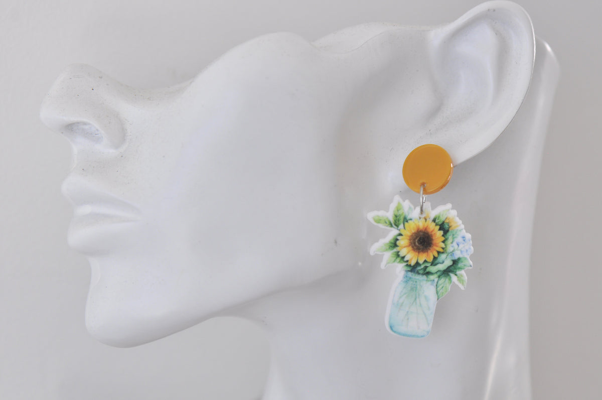 Acrylic Sunflower In A Jar Drop Dangle Earrings
