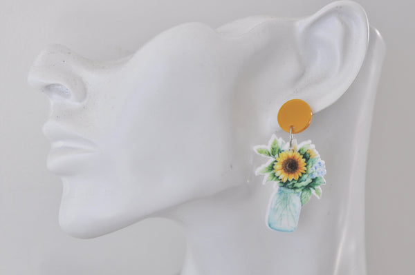Acrylic Sunflower In A Jar Drop Dangle Earrings