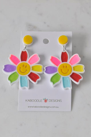 Acrylic You Are My Sunshine Happy flower Dangle Drop Earrings  Rainbow