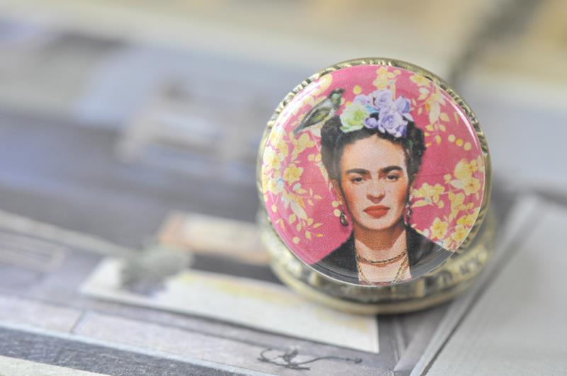 Handmade Artwork Stainless Steel Pocket Watch Necklace - Frida Kahlo Pink