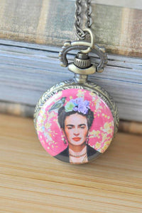 Frida Kahlo pocket watch necklace pendant with pink floral background and bird design
