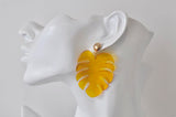 Acrylic Perspex Resin Monstera Leaf Dangle Earrings - Transparent Yellow