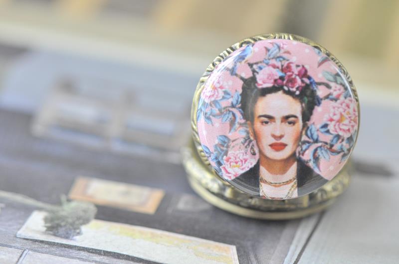 Handmade Artwork Stainless Steel Pocket Watch Necklace - Frida Kahlo Pastel Pink