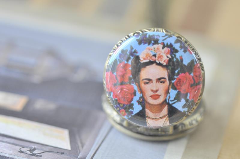 Handmade Artwork Stainless Steel Pocket Watch Necklace - Frida Kahlo Blue
