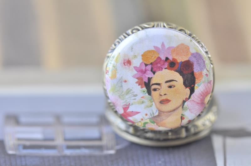 Handmade Artwork Stainless Steel Pocket Watch Necklace - Frida Kahlo Boho