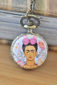 Frida Kahlo watercolour portrait pocket watch necklace with pink rose crown and floral background