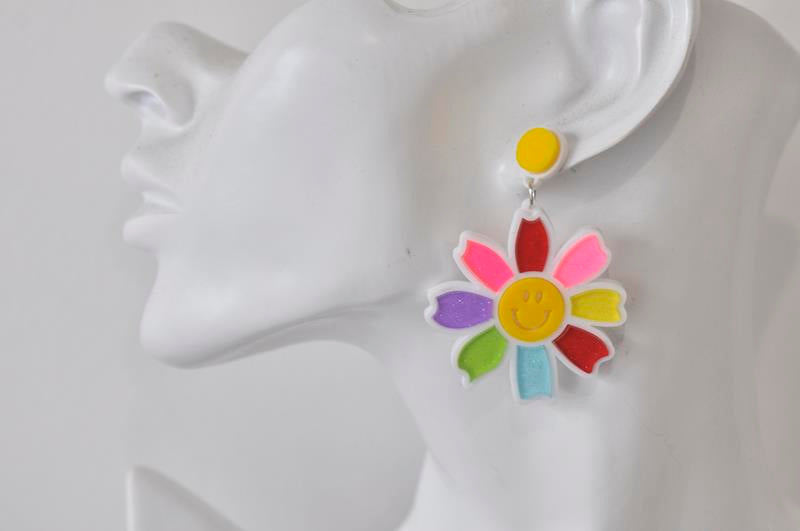 Acrylic You Are My Sunshine Happy flower Dangle Drop Earrings  Rainbow