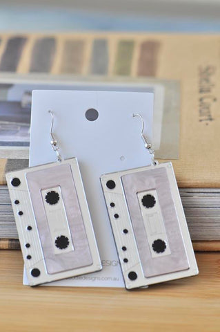 Acrylic Perspex Laser Cut Retro Cassette Tape Drop Earrings - Pink