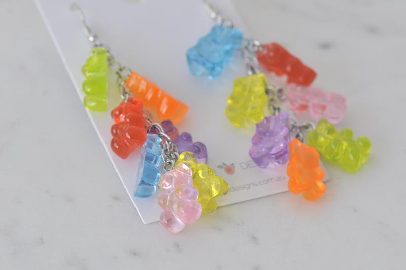 Miniature 3D Candy Gummy Bear Cluster Dangle Drop Earrings