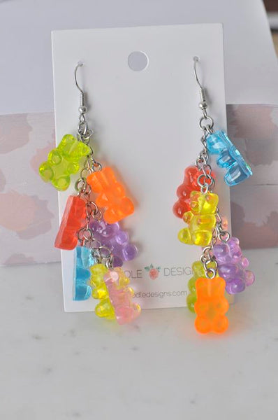 Miniature 3D Candy Gummy Bear Cluster Dangle Drop Earrings