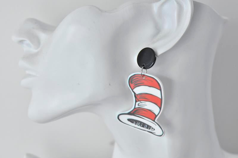 Acrylic Dr Seuss Hat Drop Dangle Earrings