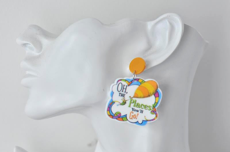 Acrylic Dr Seuss Oh The Places You'll Go Dangle Earrings