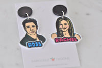 Ross and Rachel acrylic earrings side by side on Kaboodle Designs backing card