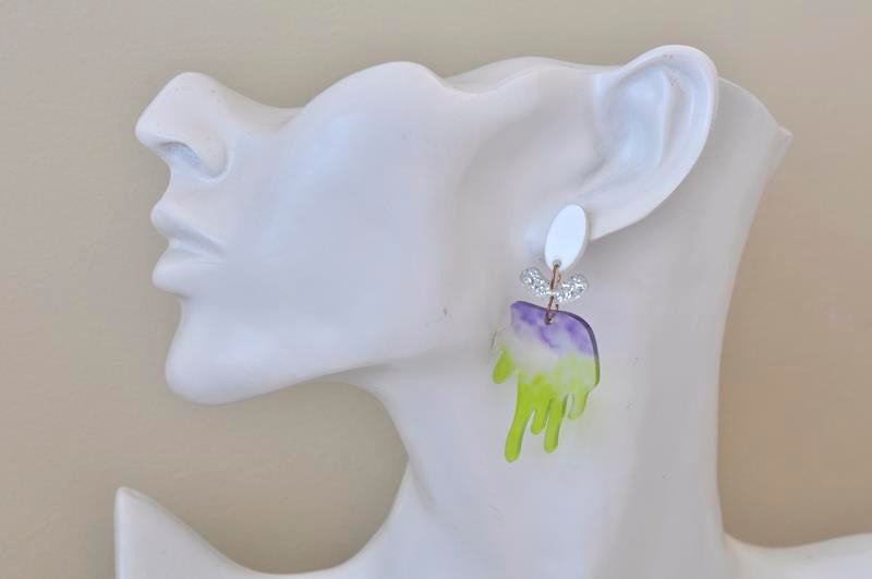 Acrylic Glitter Print Brush Drop Dangle Earrings - Green Purple