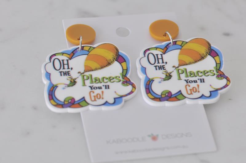 Acrylic Dr Seuss Oh The Places You'll Go Dangle Earrings