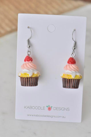 Strawberry Vanilla Cupcake Dessert Novelty Fun Drop Dangle Earrings