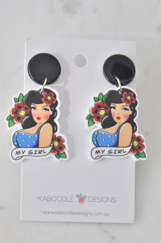 Acrylic Retro My Girl Tattoo Novelty Dangle Drop Earrings