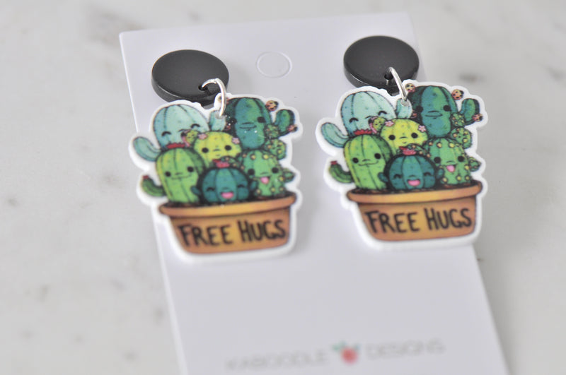 Acrylic Cactus Free Hugs Inspirational Drop Dangle Earrings
