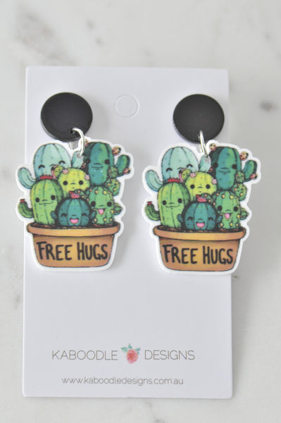 Acrylic Cactus Free Hugs Inspirational Drop Dangle Earrings